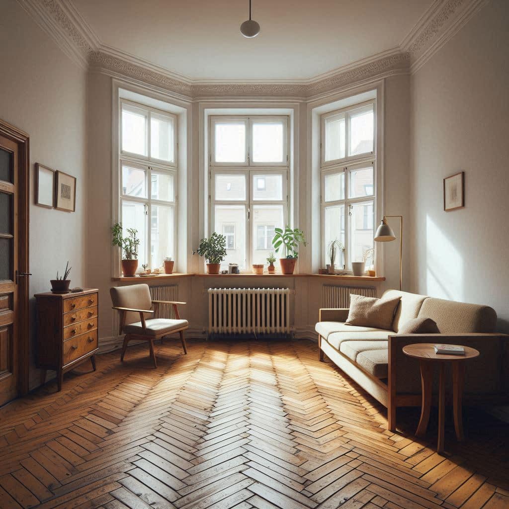 Parkett verlegen im Altbau – wunderschöner Parkettboden im renovierten Wohnzimmer durch Bodenhandwerk Harz